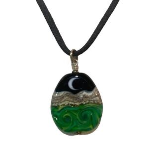 Moon & beach glass bead pendant black cord necklace magnetic closure 10 inch